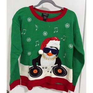Hooked Up by IOT Ugly Christmas Sweater Penguin DJ Sequins Santa Hat Size S